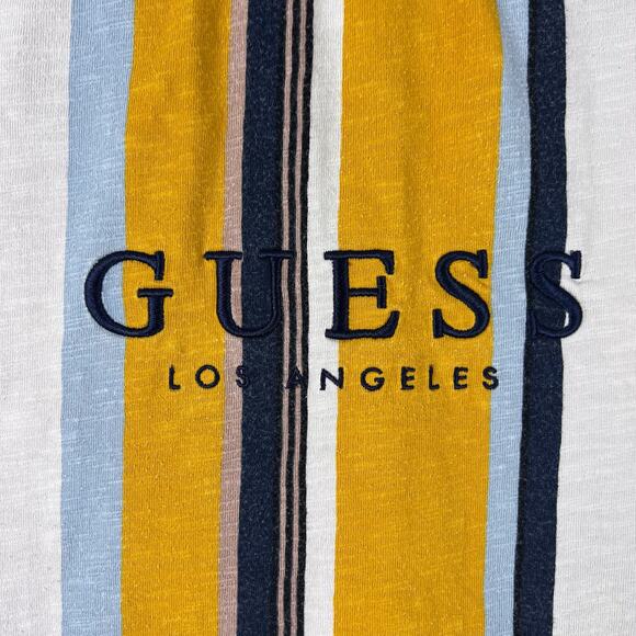 Vintage Guess Y2K Stripe Tee M | Yellow Embroidered Logo Spell-Out Cotton Crew - Picture 5 of 12